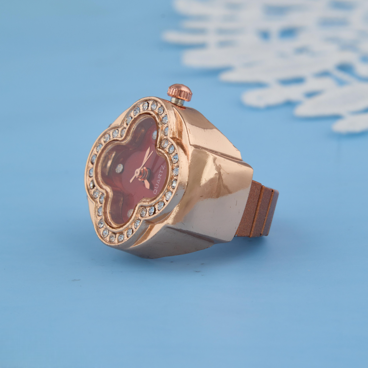 Elegant Red Dial Ring Watch in Rose Gold with Crystals
