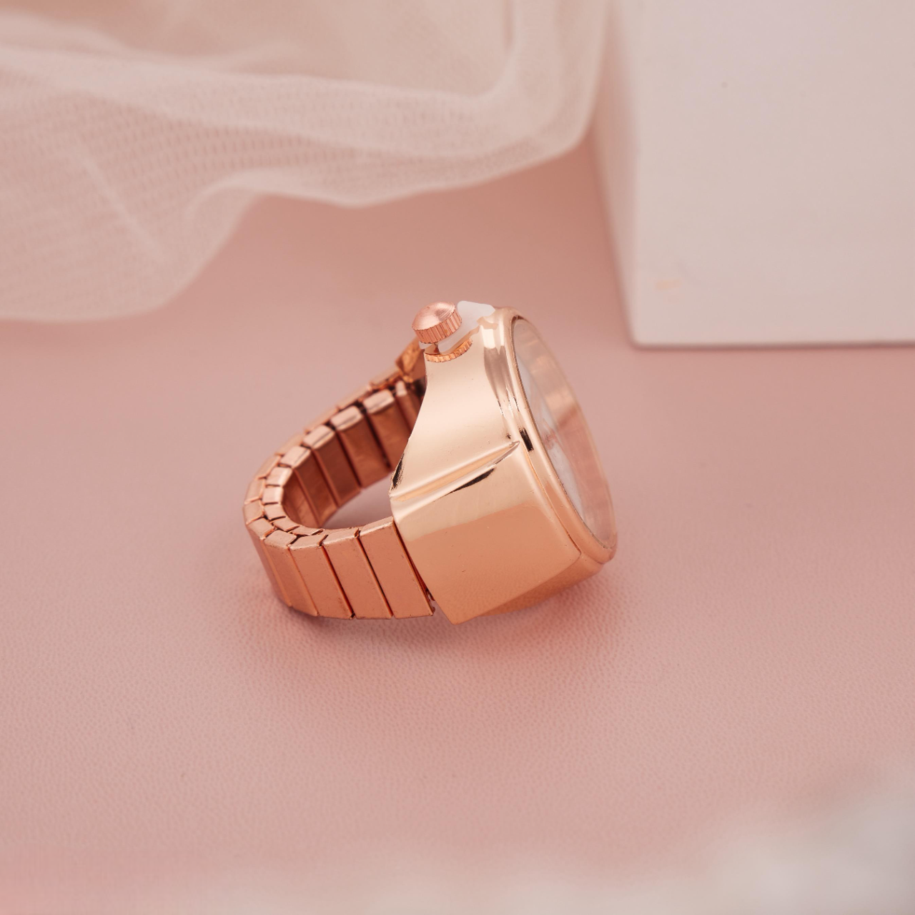 Elegant Rose Gold Round Ring Watch with White Dial & Roman Numerals