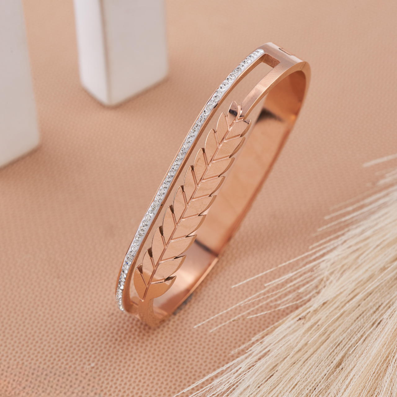 Rose Gold Leaf Design Bracelet with CZ Line for Girls & Women
