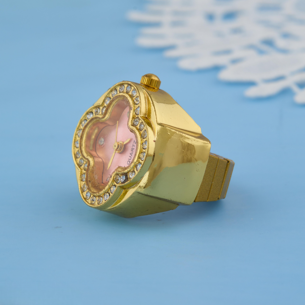 Gold-Tone Clover Dial Ring Watch with Pink Face & Crystals for Women & Girls