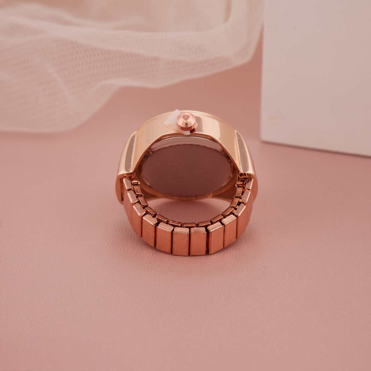 Rose Gold Ring Watch with Geometric Patterned White Dial for Women & Girls