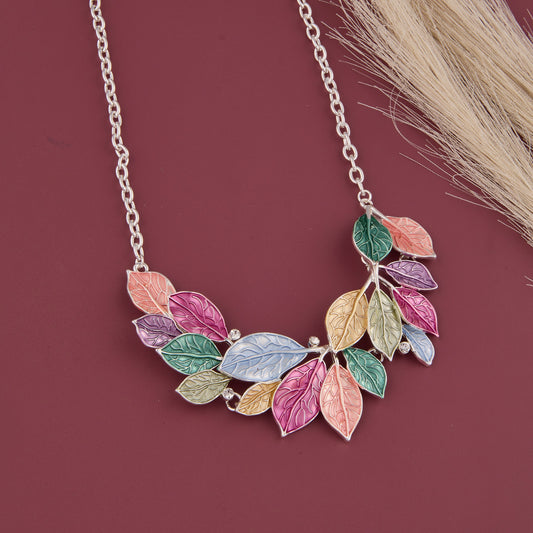 Vibrant Multicolor Leaf Necklace Set with Silver Chain