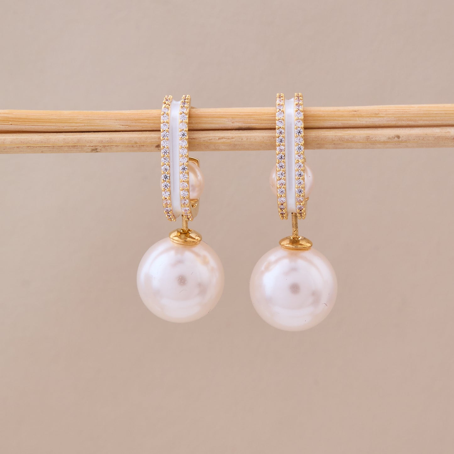 Gold Pearl Drop Hoop Earrings