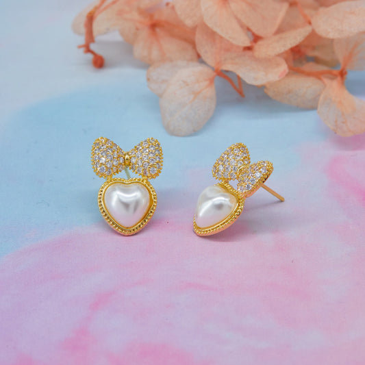 Gold Earrings with Pearls, Bows & Floral Elegance