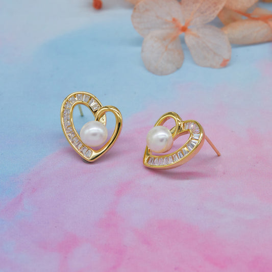 Gold Heart Earrings with Pearls Elegant & Stylish Bling