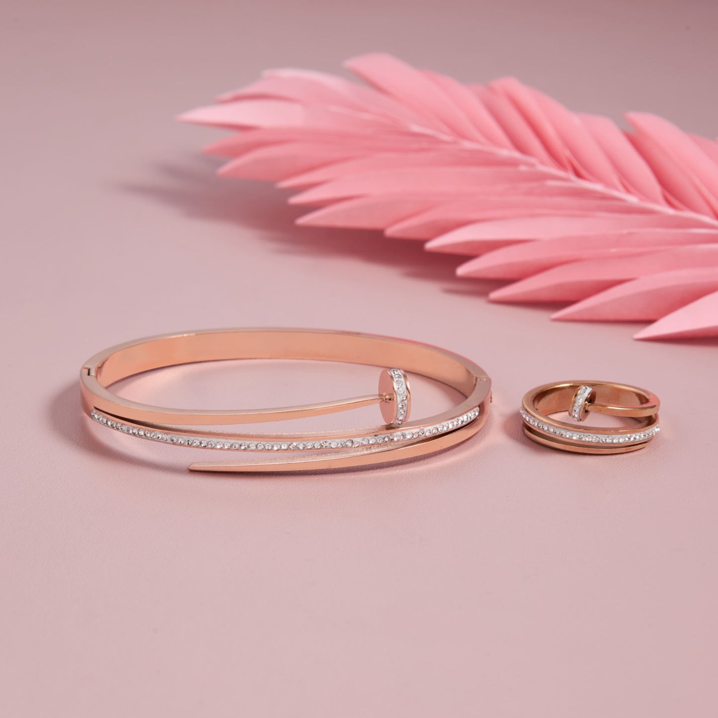 Rosegold Nail Studded Bracelet With Ring Combo For Girls And Women