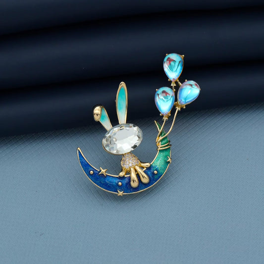 Crystal Bunny on Crescent Moon Brooch with Blue Balloons