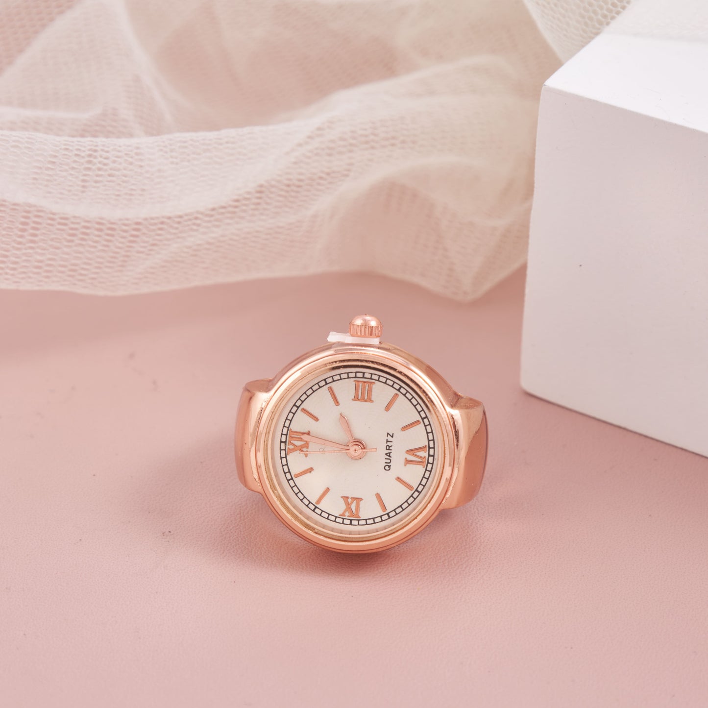 Classic Rose Gold Roman Dial Ring Watch for Women