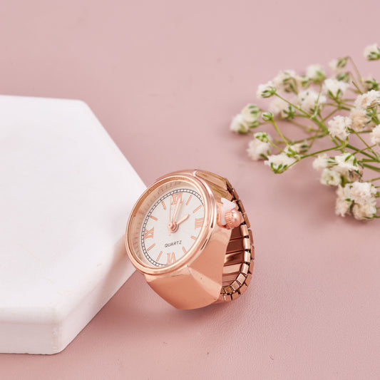 Classic Rose Gold Roman Dial Ring Watch for Women