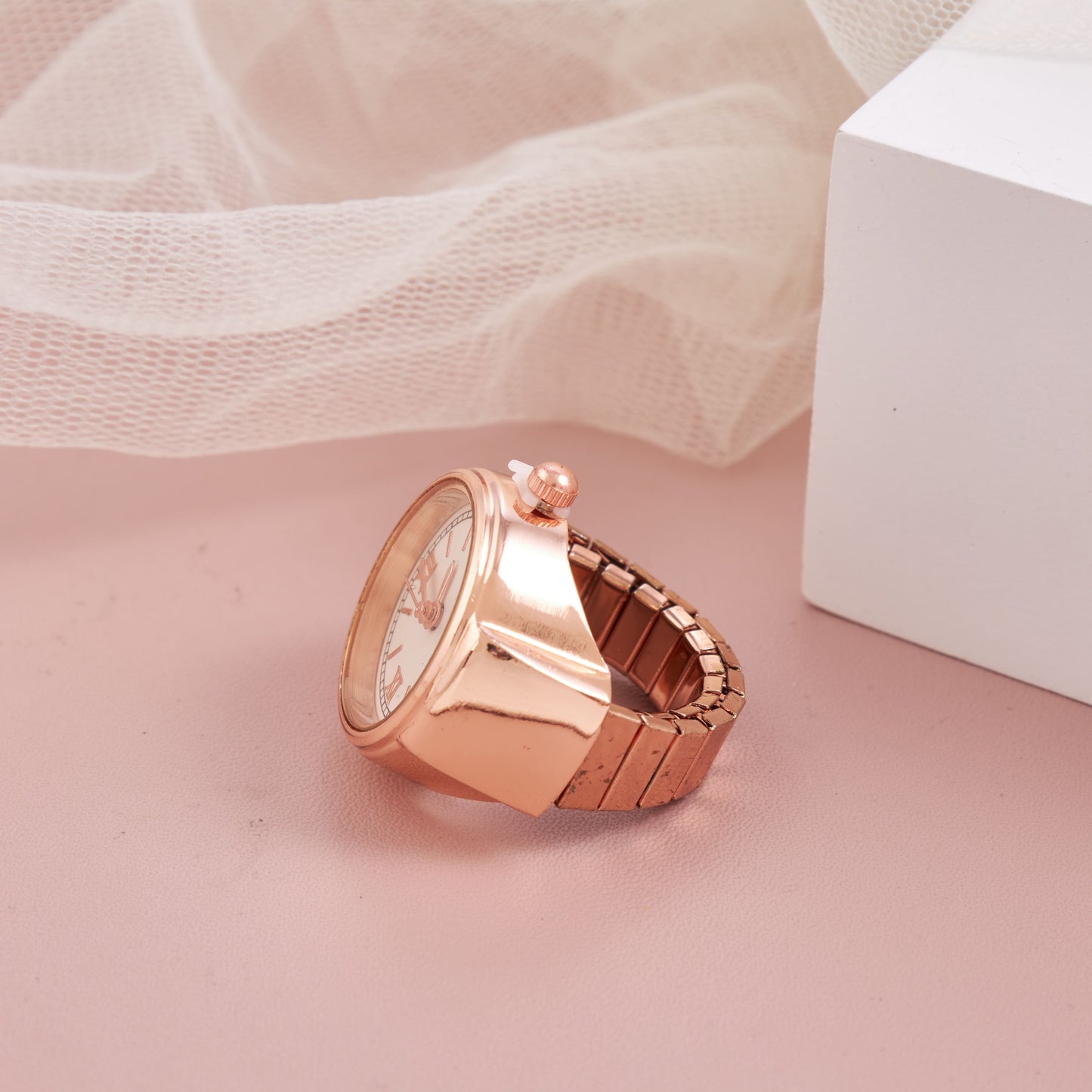 Classic Rose Gold Roman Dial Ring Watch for Women