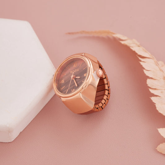Rose Gold Ring Watch with Brown Roman Dial For Women