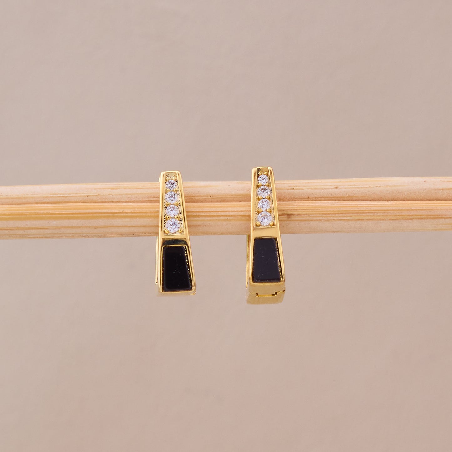 Gold Black Enamel & Crystal Hoop Earrings
