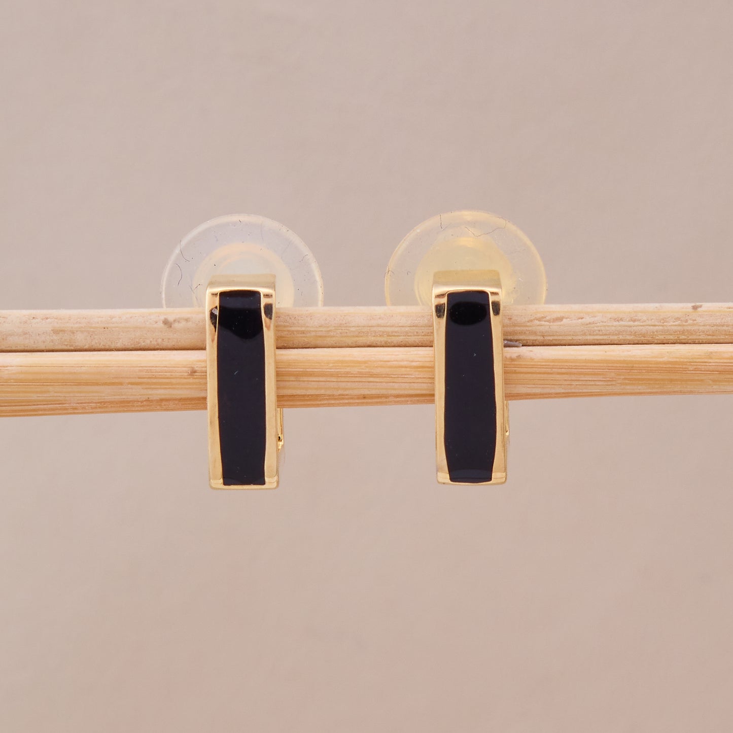 Gold Black Enamel Square Stud Earrings