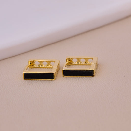 Gold Black Enamel Square Hoop Earrings