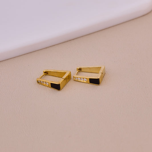 Gold Black Enamel & Crystal Hoop Earrings