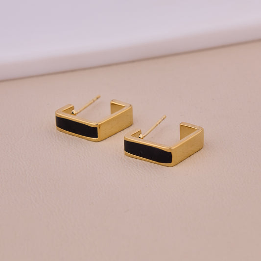 Gold Black Enamel Square Stud Earrings
