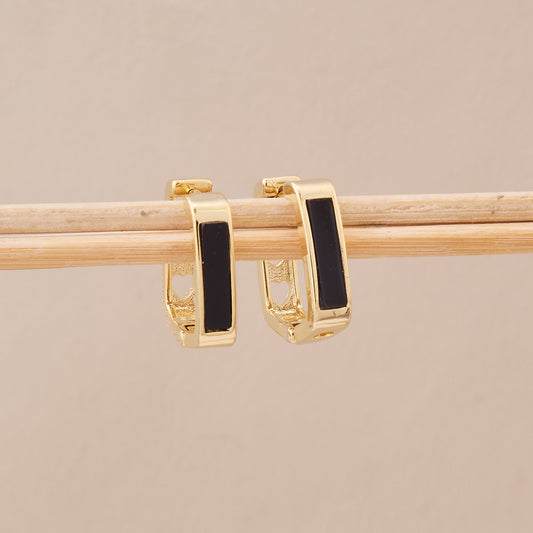 Gold Black Enamel Huggie Earrings