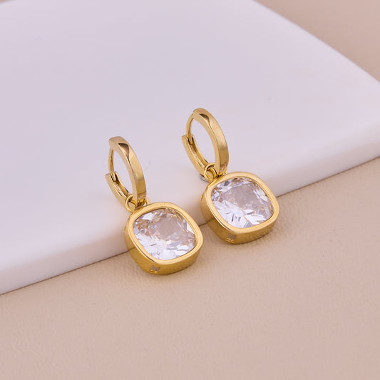 Gold Cushion-Cut Crystal Drop Earrings