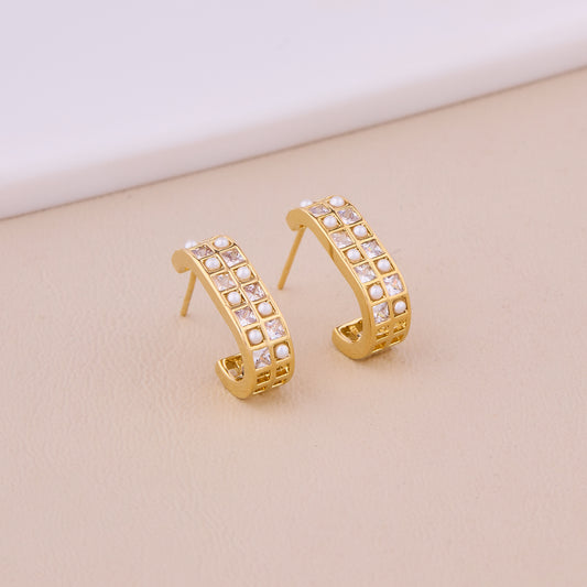 Gold Hoop Earrings with Pearl & Square Crystal Detailing