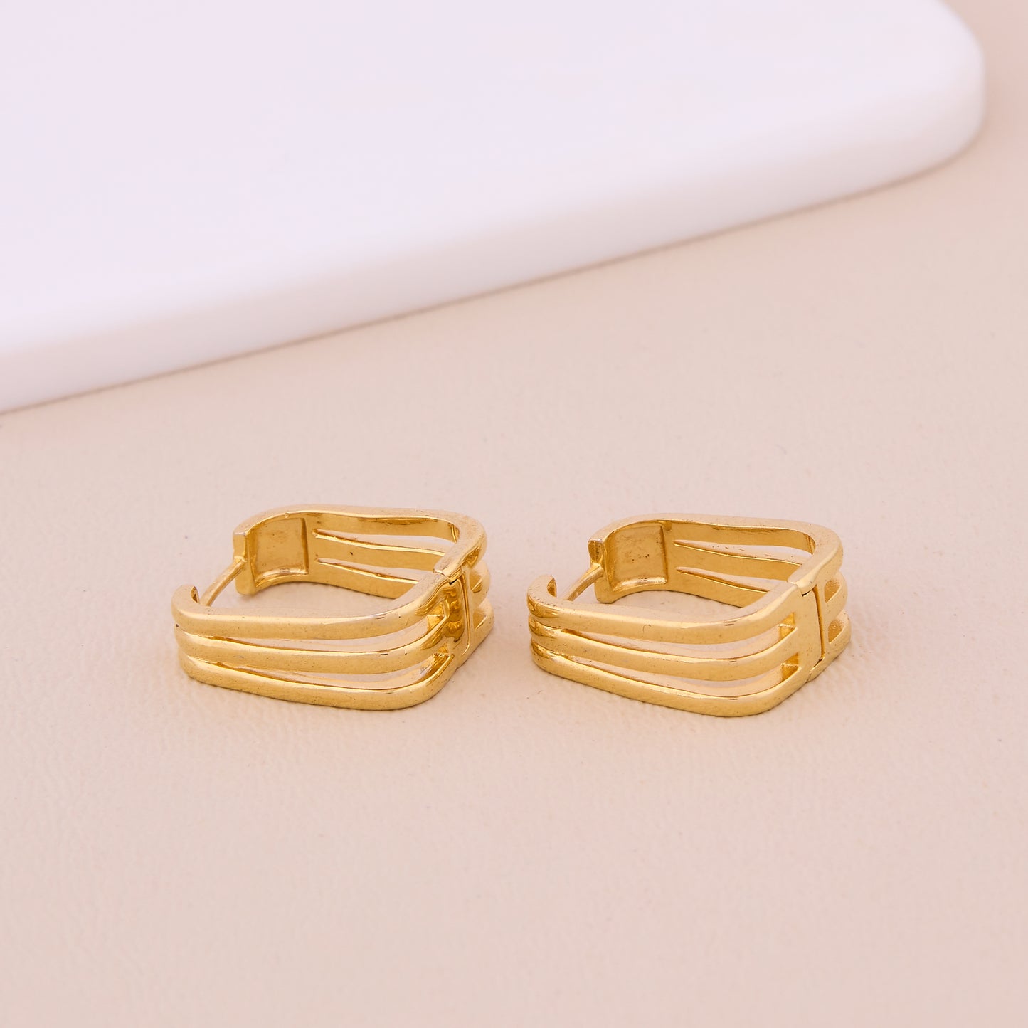 Gold Square Hoop Earrings with Triple Bar Design