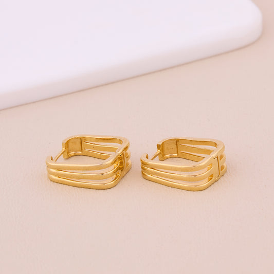 Gold Square Hoop Earrings with Triple Bar Design