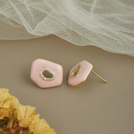 Blush Pink Geometric Stud Earrings with Crystal-Studded Center for Women & Girls