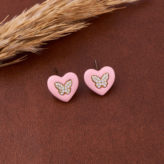 Pink Heart & Butterfly Diamond Earrings