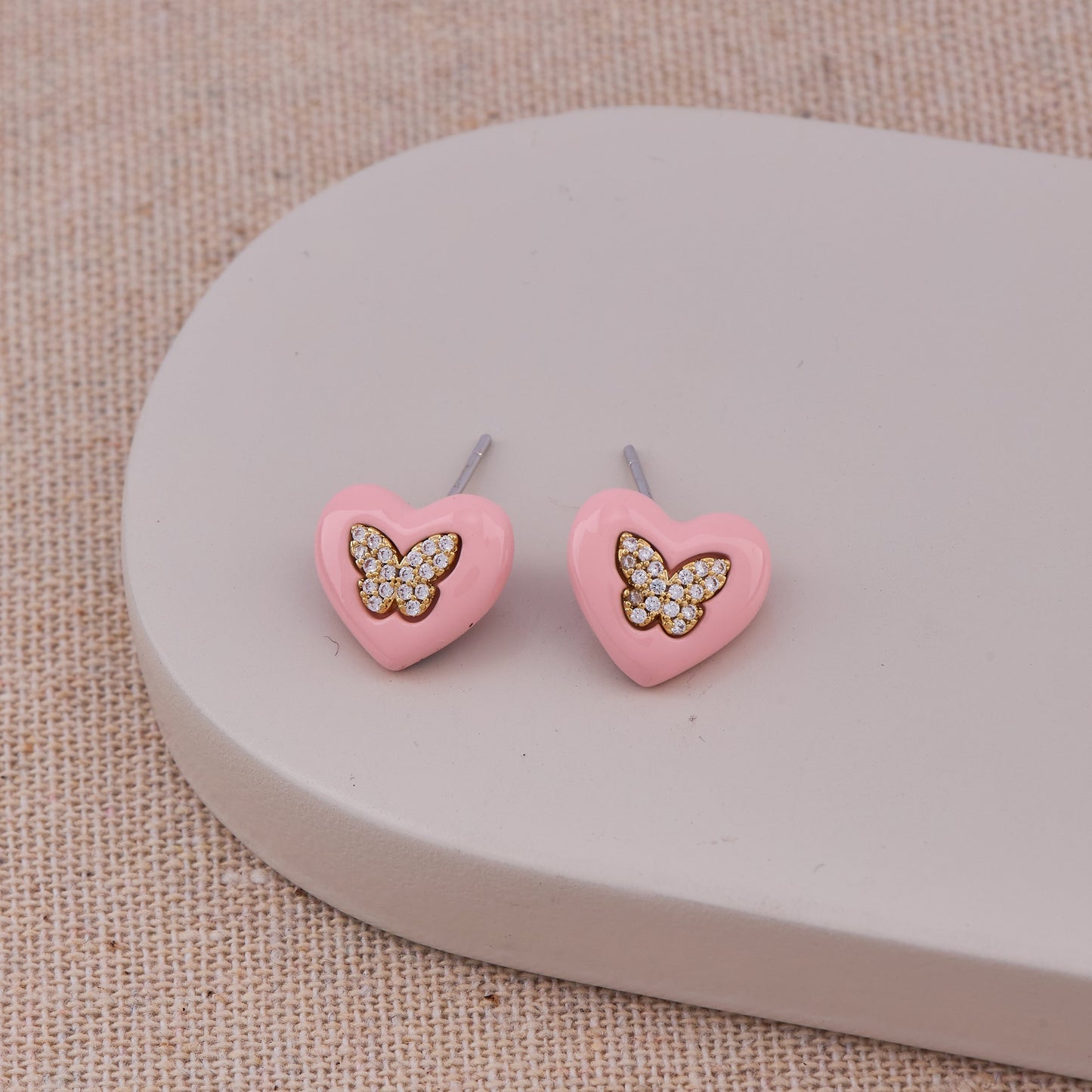 Pink Heart & Butterfly Diamond Earrings