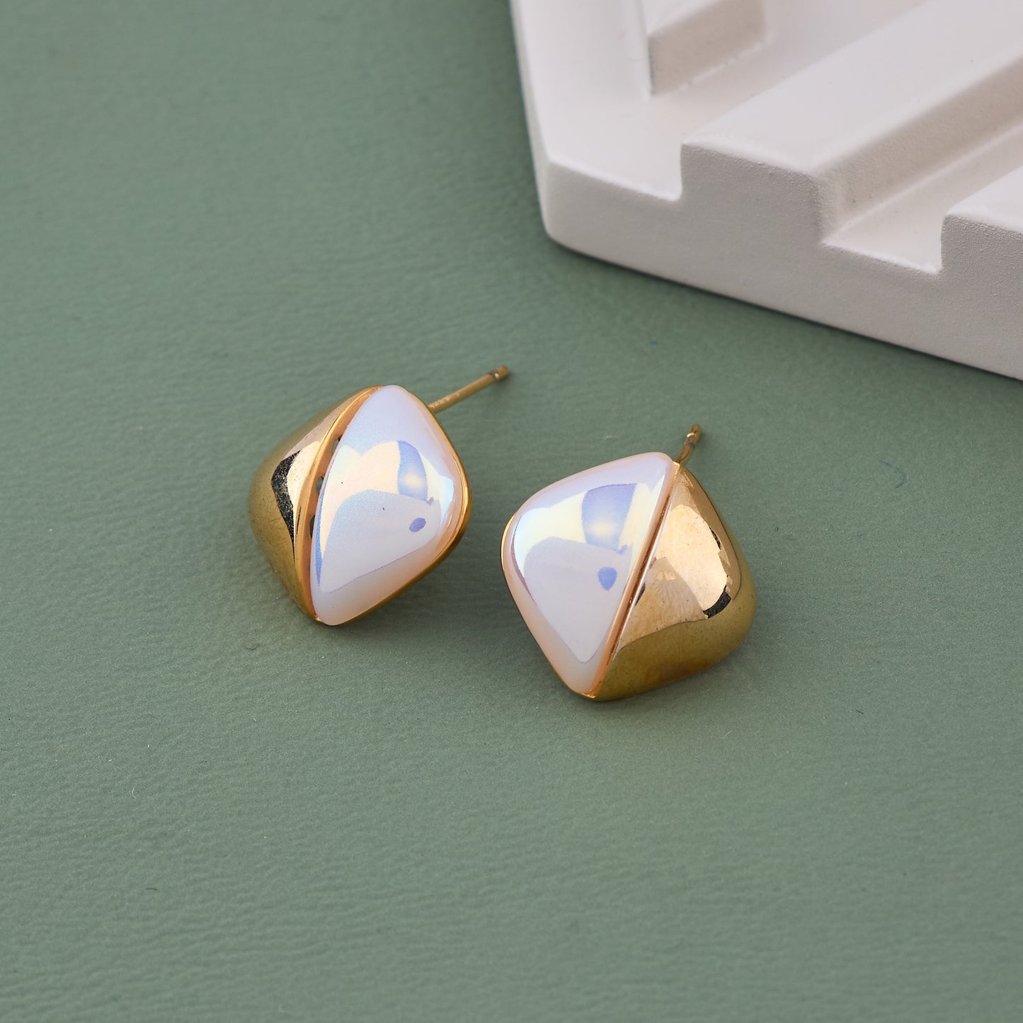 Geometric Gold & Pearl Stud Earrings