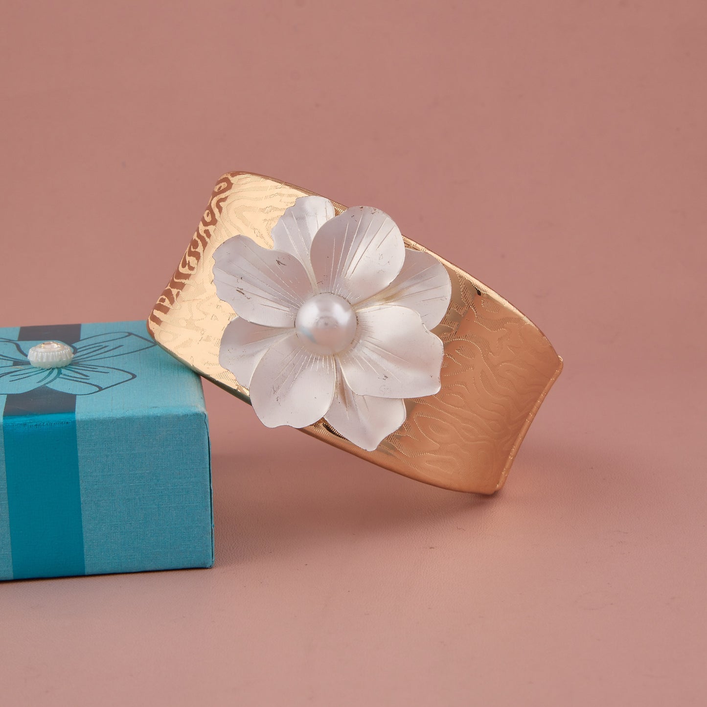 Gold-Tone Floral Statement Bracelet with Frosted Petal Design