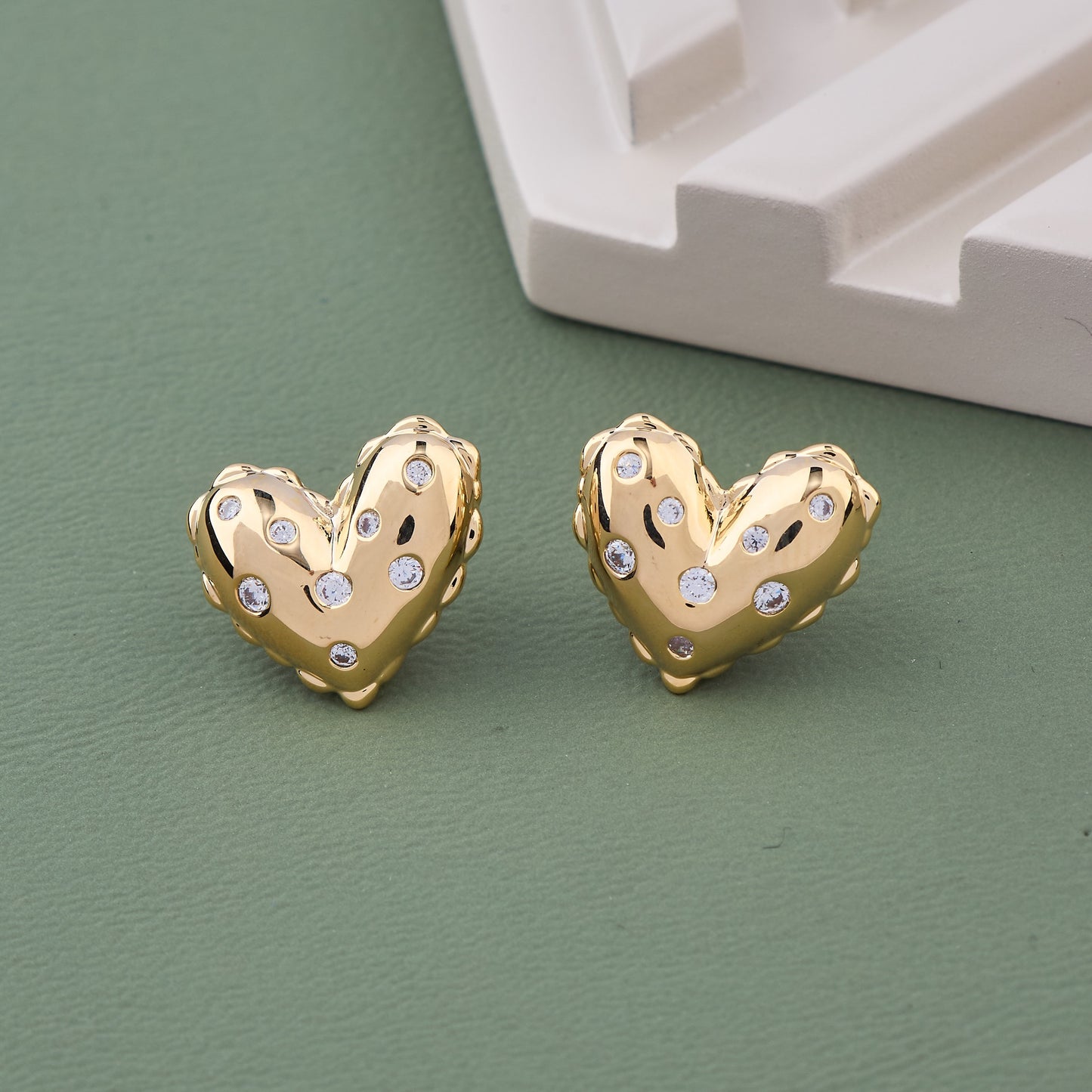 Gold Heart-Shaped Earrings with Diamonds