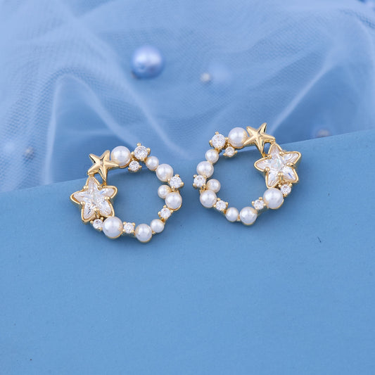Gold Earrings with Pearls and Diamonds