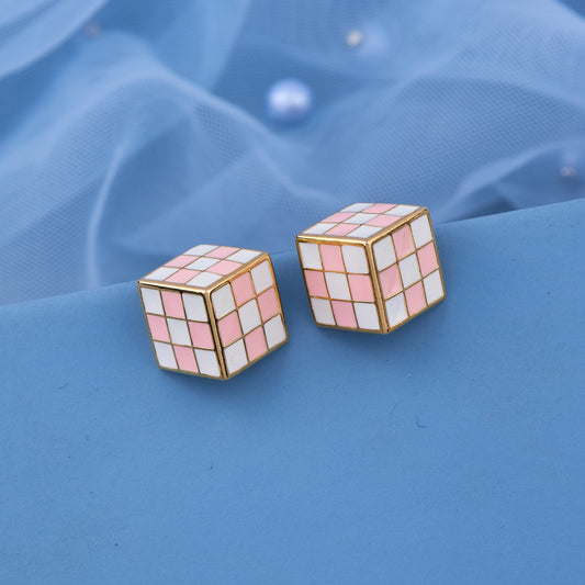 Violet Elegance Pink N White Check Earrings