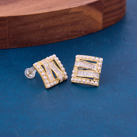 Gold Earrings with Diamonds and Pearls Feminine Elegance