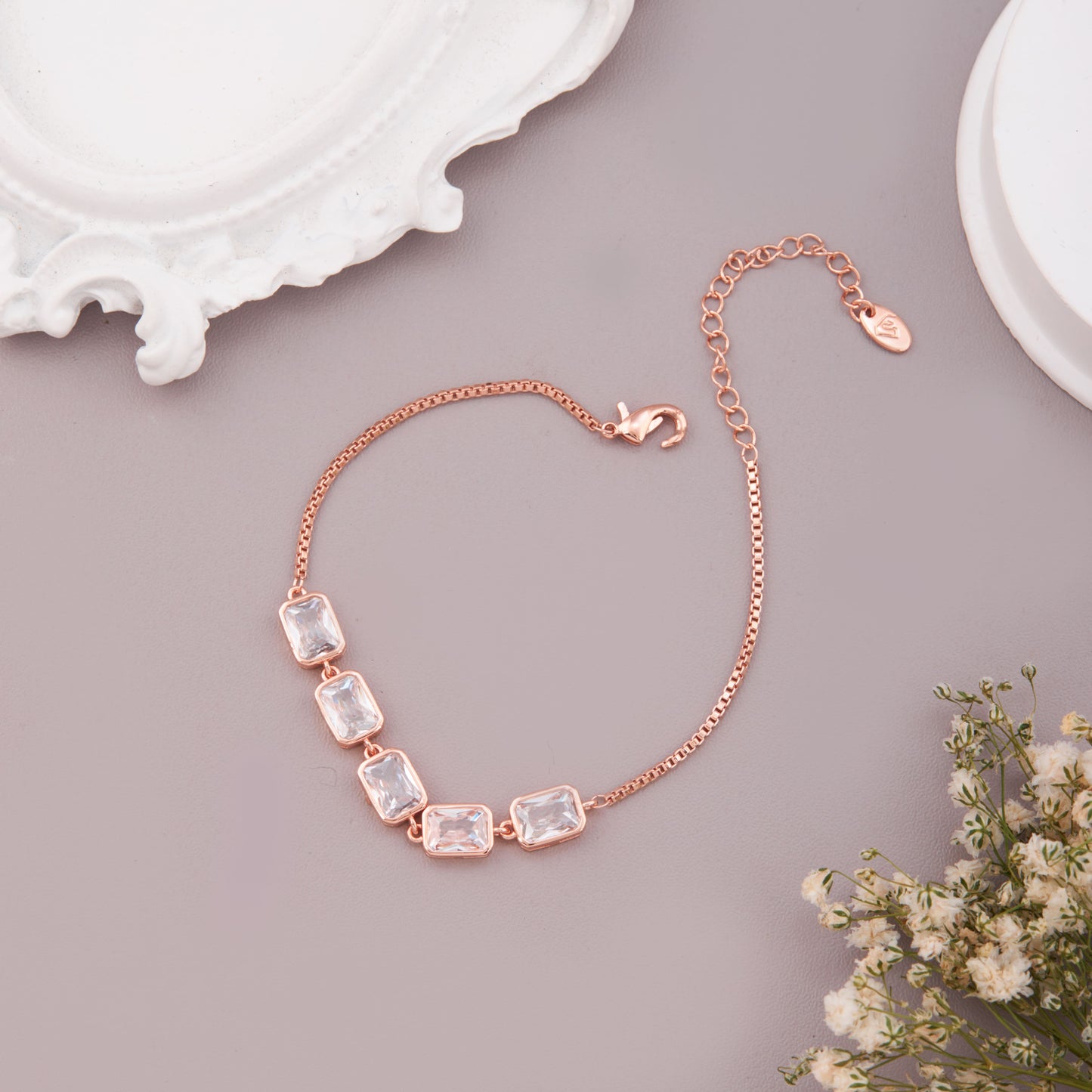 Rose Gold with Clear Rectangular Crystal Accents