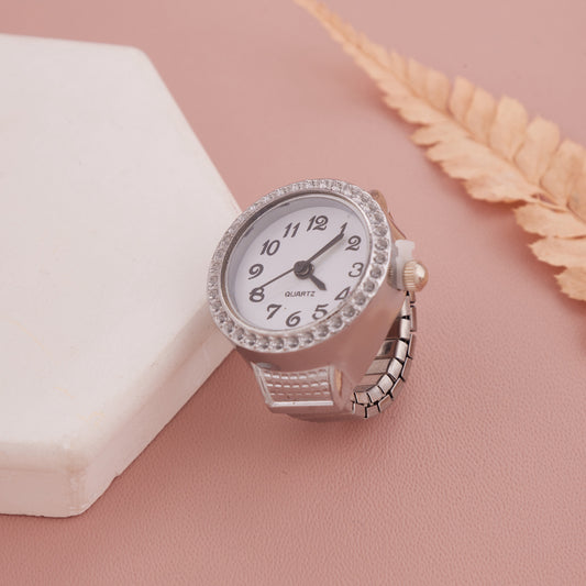 Premium Silver Toned Crystal Studded Round Dial Ring Watch for Women