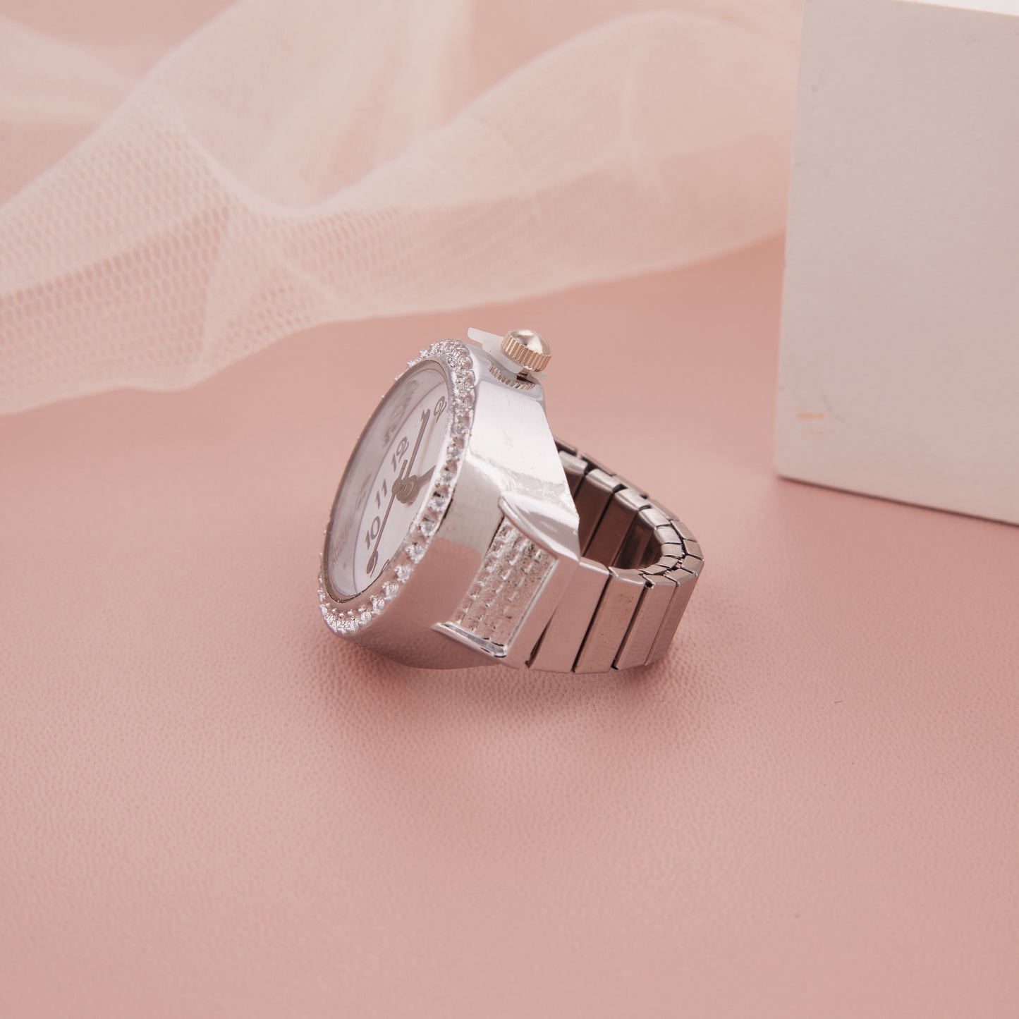 Premium Silver Toned Crystal Studded Round Dial Ring Watch for Women