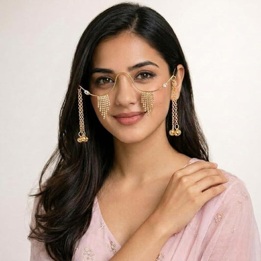 Gold Plated Facelet Jewelry with Cubic Zirconia Luxury Bridal Face Accessory with Hanging Charms