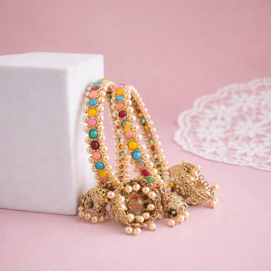 Traditional Gold Plated Colorful Kundan & Pearl Bangle Set for Women | Designer Multicolor Stone Bangles with Pearl Hanging Charm | Ethnic Jewellery (Set of 2)