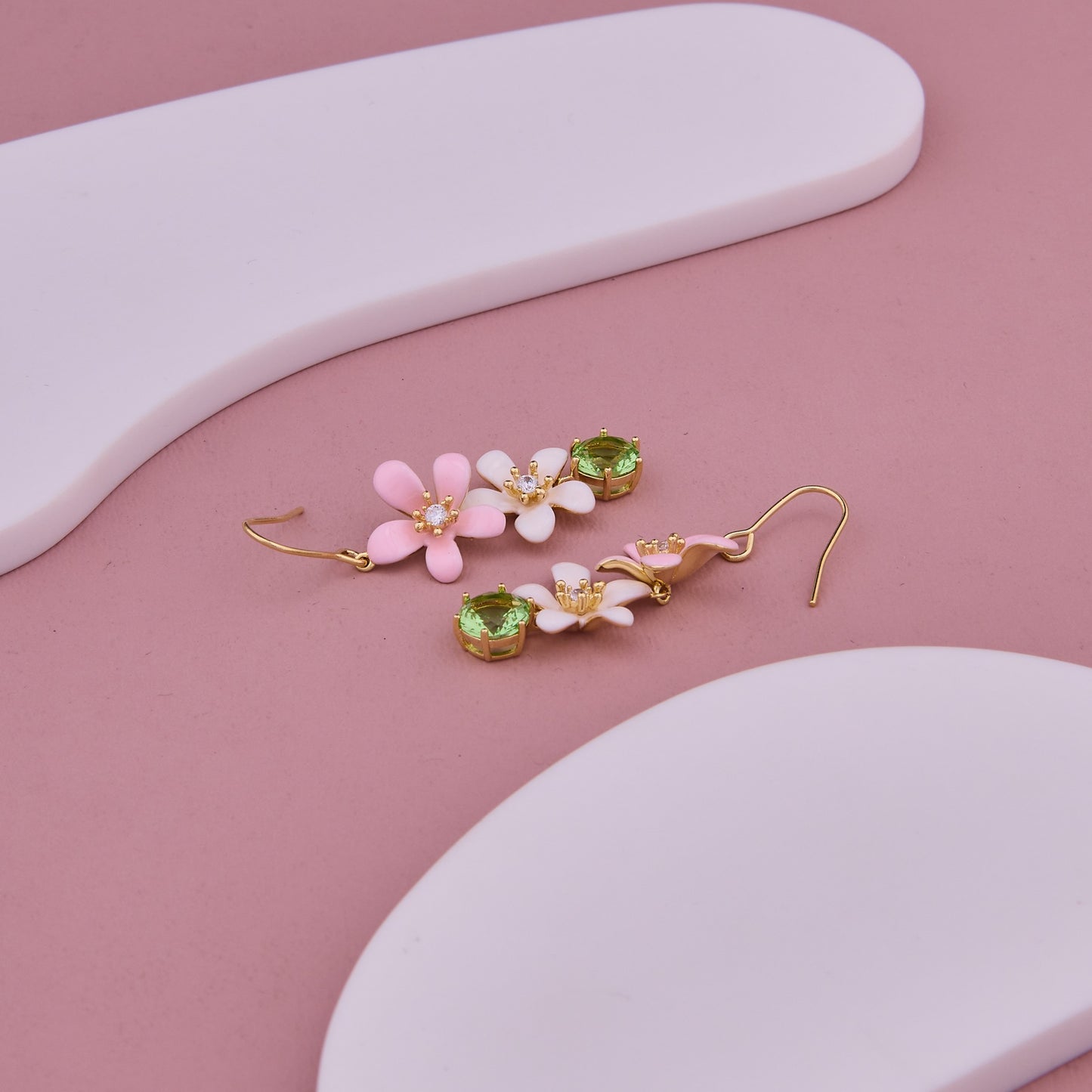 Blossom Elegance Floral Earrings with Green Stones