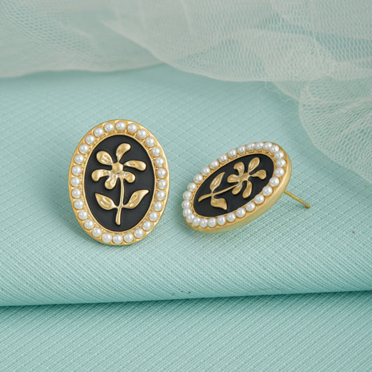 Floral & Pearl Earrings with Gold Accents — Sophisticated Elegance