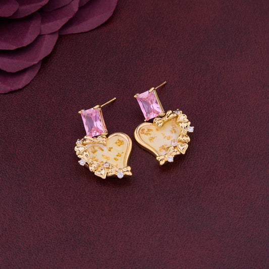 Gold Heart Earrings with Pink & White Stones