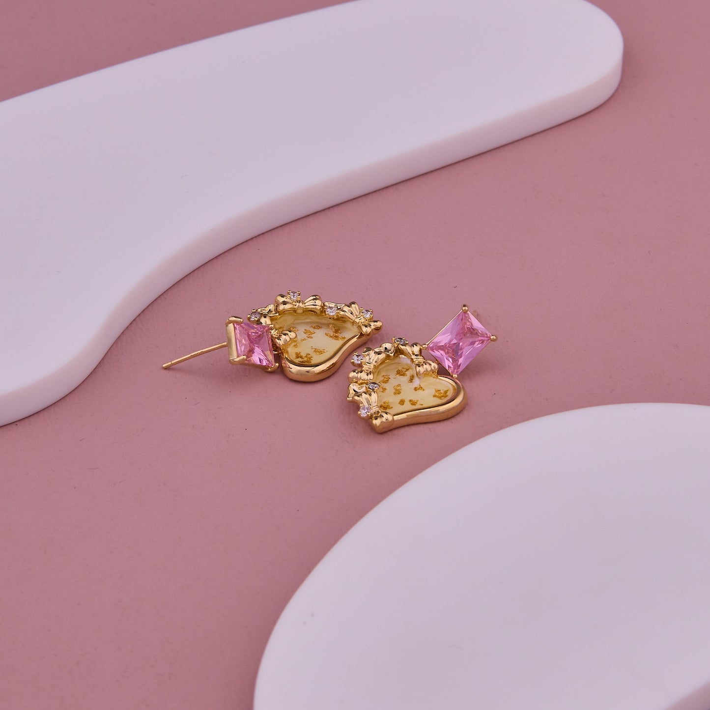 Gold Heart Earrings with Pink & White Stones