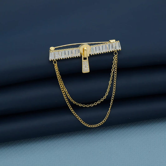 Chic Zipper Chain Brooch with Crystals & Gold Finish