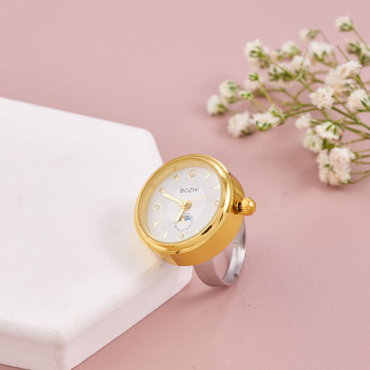 Elegant Gold Tone Ring Watch with Crystal Markers – Stylish & Adjustable