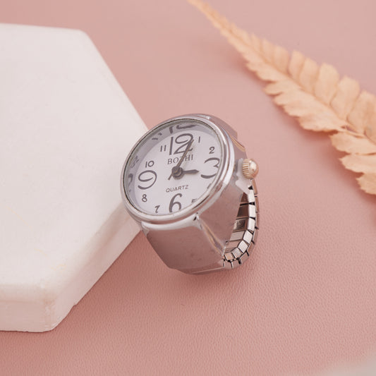 Silver-Toned Bold Number Dial Adjustable Ring Watch for Women