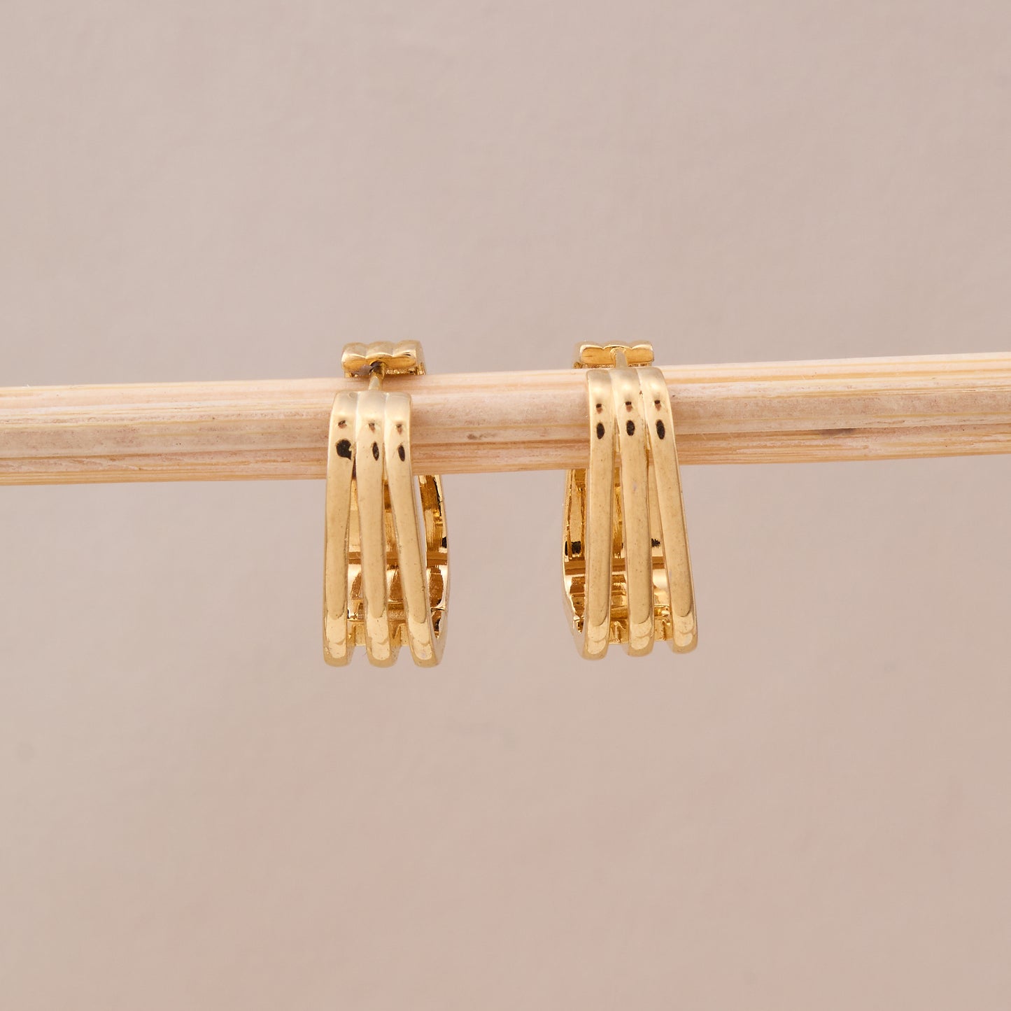 Gold Square Hoop Earrings with Triple Bar Design