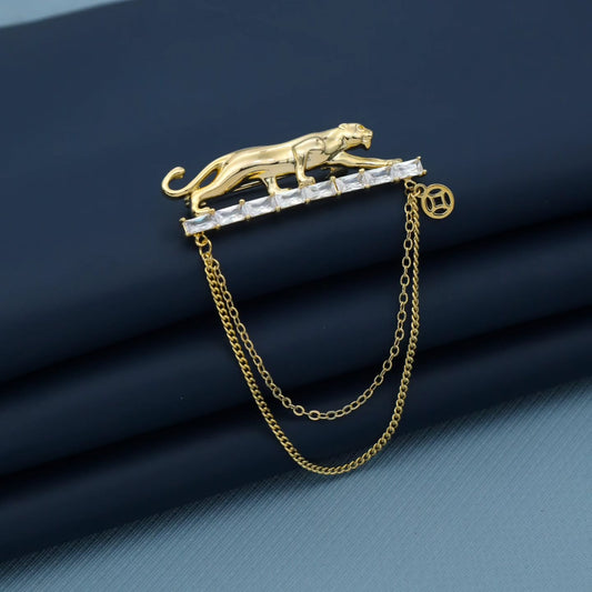 Panther Design Brooch with Crystals & Dual Chain Accent