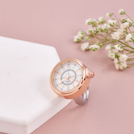 Rose Gold Round Dial Ring Watch with Stylish Hour Markers – Compact & Trendy Design
