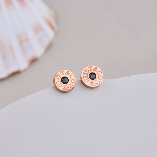 Rose Gold T&CO Engraved Black Stone Stud Earrings